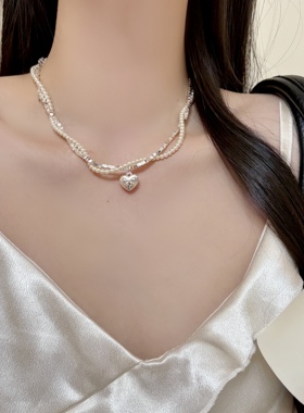 unbeaten法式珍珠爱心锁骨链