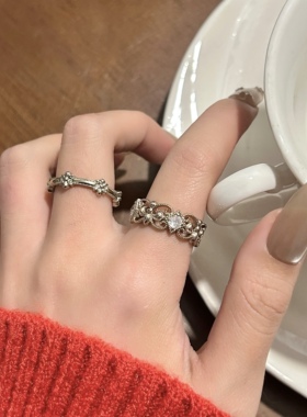 中古风银色镂空十字架开口戒指女