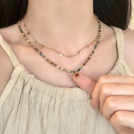复古天然石彩色串珠红宝石吊坠项链女波西米亚轻奢小众叠戴锁骨链