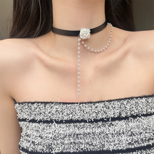UNBEATEN玫瑰花珍珠流苏黑色choker项圈锁骨链小众颈链项链配饰女