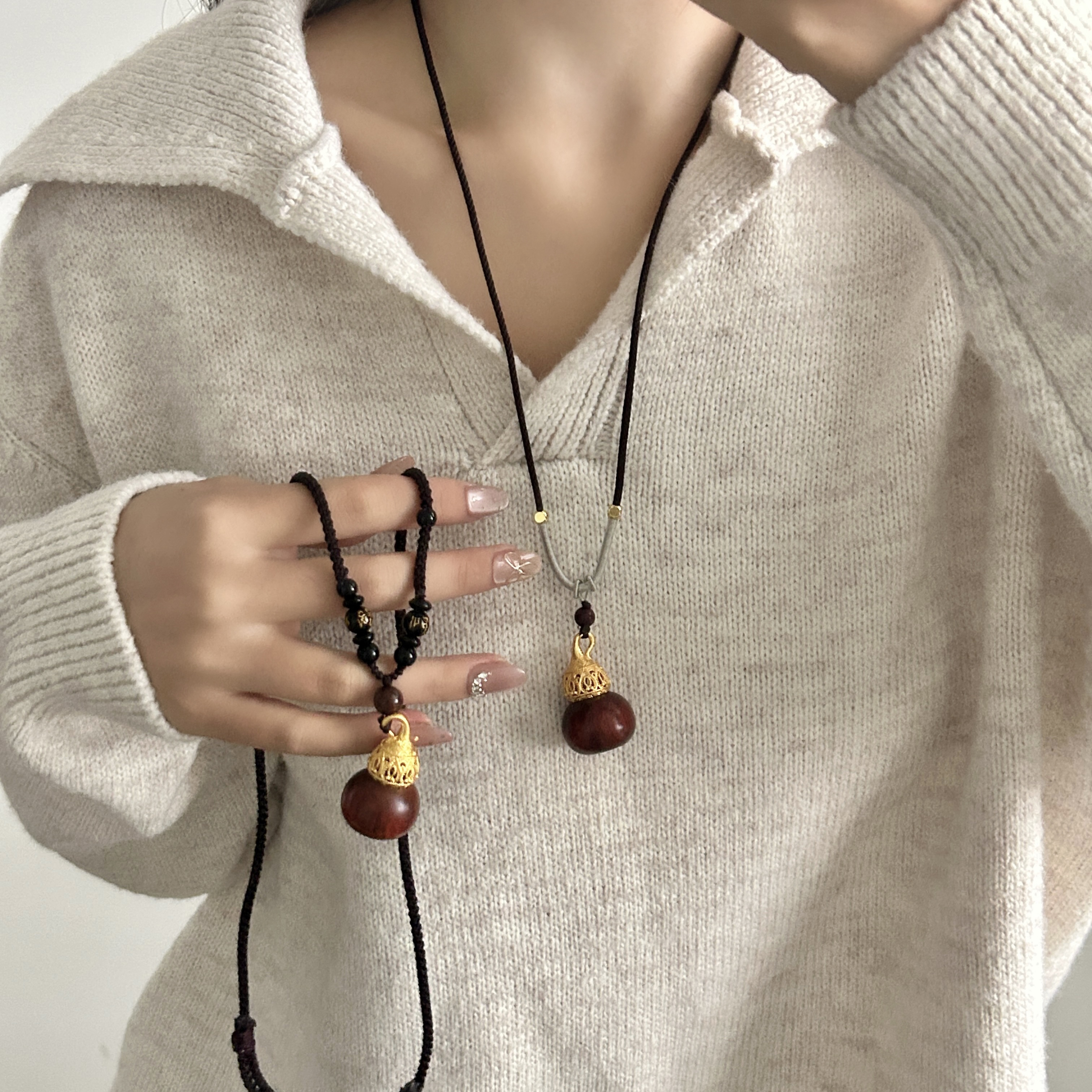 红檀木香囊葫芦吊坠项链毛衣链女