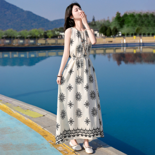 收腰大摆气质长裙 夏季 波西米亚风无袖 印花透气连衣裙中老年女装