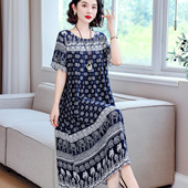 中老年妈妈夏季 棉绸连衣裙女士宽松洋气新款 休闲家居服遮肚睡裙