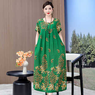 新款 名族风中长裙 三亚度假连衣裙加肥加大高端气质棉绸中年妈妈装