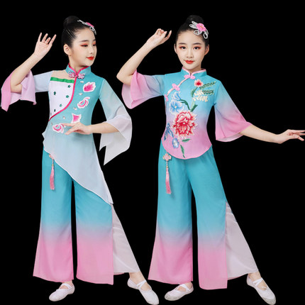 儿童古典舞演出服女中国风飘逸清新淡雅扇子舞伞舞秧歌舞蹈表演服
