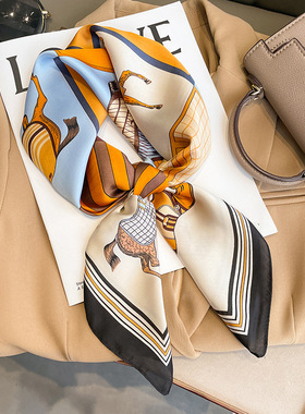 复古骏马橙色70小方巾丝巾女百搭新款洋气配衬衣领巾时尚高级感