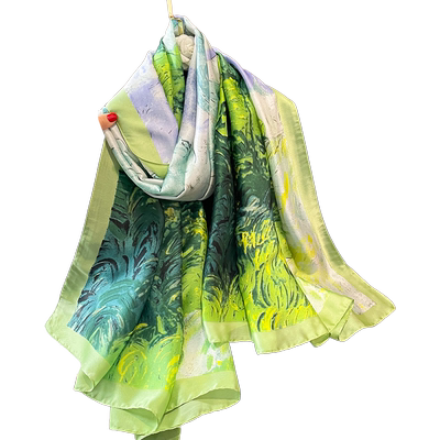 油画绿色印花丝巾女长款外搭披肩
