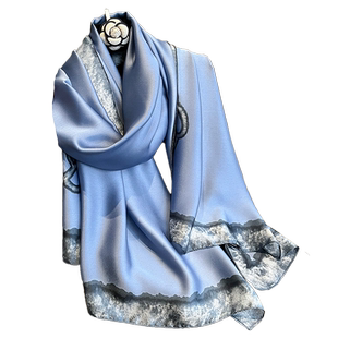 拼色小香风蓝色丝巾女百搭洋气时尚围巾长款外搭披肩春夏防晒纱巾