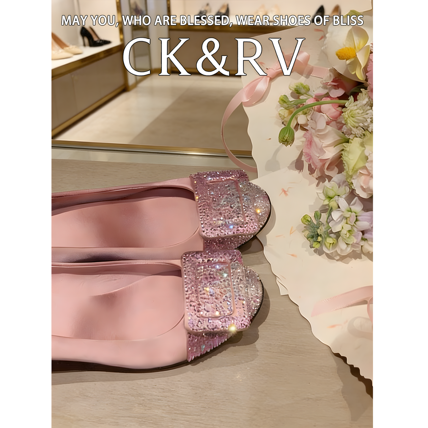 CK&RV高定~方扣水钻渐变粉色玛丽珍鞋女鞋新款圆头粗跟中跟单鞋