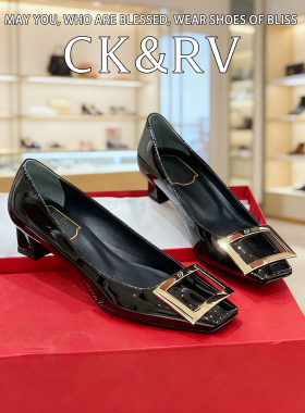 CK&RV高定~方扣厚黑色单鞋女鞋粗跟方头高跟鞋女细跟通勤平底鞋女