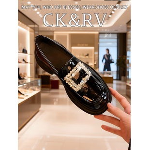 CK&RV羊皮真皮~水钻方扣乐福鞋女厚底英伦小皮鞋懒人一脚蹬粗跟