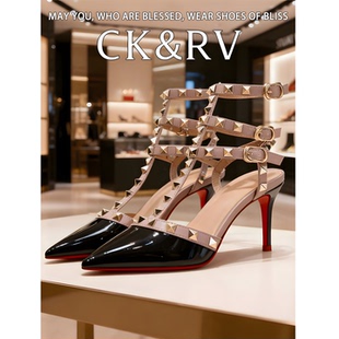 一字扣带凉鞋 法式 超高跟中跟 女性感尖头细跟漆皮单鞋 铆钉高跟鞋