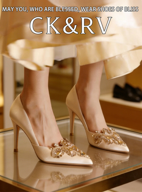 新款水钻扣缎面白色礼服婚鞋高跟鞋女设计感女士气质高级尖头单鞋