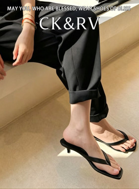羊皮复古夹趾高跟方头凉拖女夏