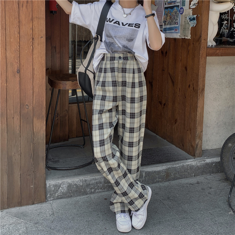 Real price Korean high waist retro contrast loose Plaid casual pants straight pants