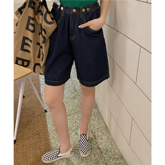 實拍實價 高腰顯瘦牛仔短褲寬鬆可調節明線裝飾五分闊腿中褲
