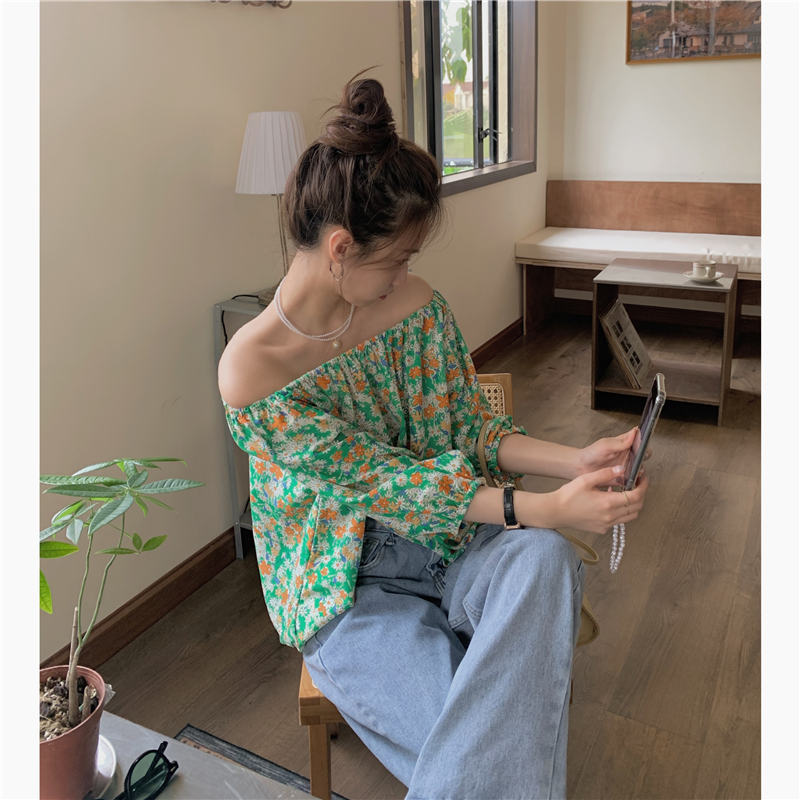 Summer new one shoulder two wear floral off the shoulder shirt