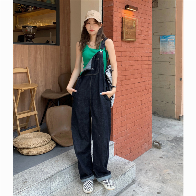 Real price loose retro Hong Kong Wide Leg Denim Suspenders