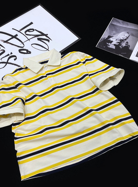 CCA自制美式辣妹风明星同款拼色条纹polo领短袖T恤黄色POLO衫女夏