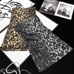 CCA自制美式 辣妹风亮片豹纹吊带裙亮闪闪包臀裙夜店演出连衣裙女
