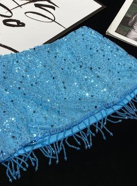 CCA自制流苏亮片蓝色半身裙亮闪闪反光演出短裙度假风洋气A字裙女