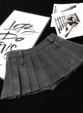 CCA秋冬高级灰毛呢百褶裙女高腰呢子a字裙裤裙防走光双腰带半身裙