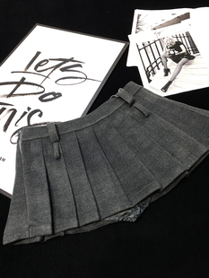 CCA秋冬高级灰毛呢百褶裙女高腰呢子a字裙裤 裙防走光双腰带半身裙