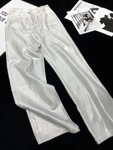 CCA反光银色涂层金属光泽高腰拖地牛仔裤 女 白色银色辣妹牛仔长裤