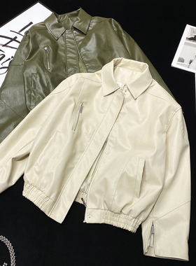 CCA自制欧美网红博主款复古绿色皮衣袖口拉链翻领机车皮夹克外套