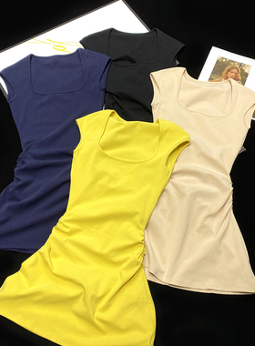 CCA自制纯欲风少女辣妹性感U领收腰连衣裙无袖修身显瘦弹力T恤裙