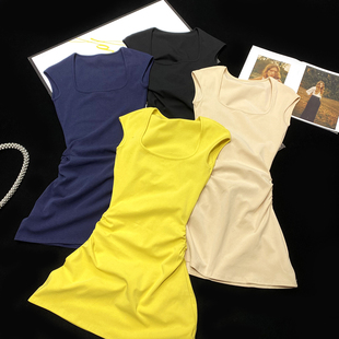 CCA自制纯欲风少女辣妹性感U领收腰连衣裙无袖 显瘦弹力T恤裙 修身