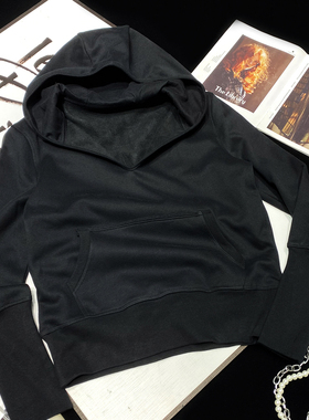 CCA自制北欧性冷淡风黑色简约加绒连帽卫衣显瘦纯色百搭大兜帽衫