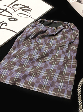 CCA自制网红博主款ins复古紫色格纹直筒半身裙拼色格子一步裙女夏