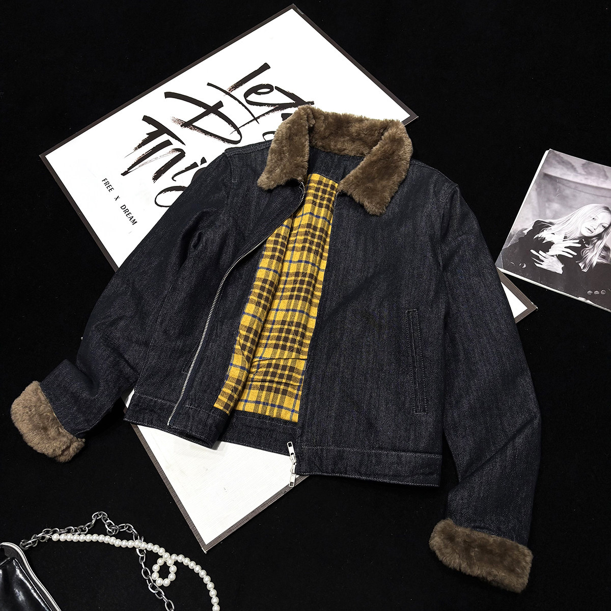 CCA自制毛领袖子拼接夹棉加厚牛仔外套秋冬深蓝色拉链牛仔夹克女