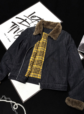 CCA自制毛领袖子拼接夹棉加厚牛仔外套秋冬深蓝色拉链牛仔夹克女