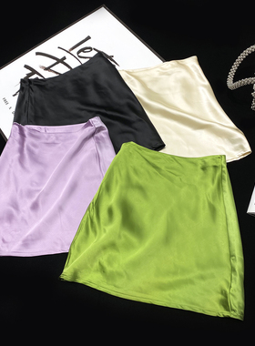 CCA自制法式复古缎面醋酸半身裙仿绸缎亮面高腰绿色短裙包臀裙女