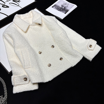 CCA自制北欧风纯色翻领双排扣圈圈绒毛呢外套白色短款呢子大衣女