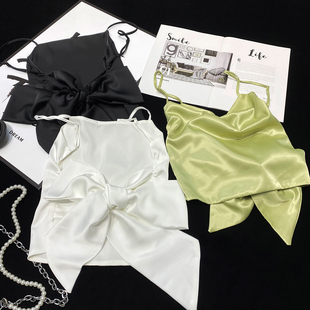 CCA自制度假风仿绸缎亮面吊带衫 后背蝴蝶结绑带醋酸缎面内搭背心