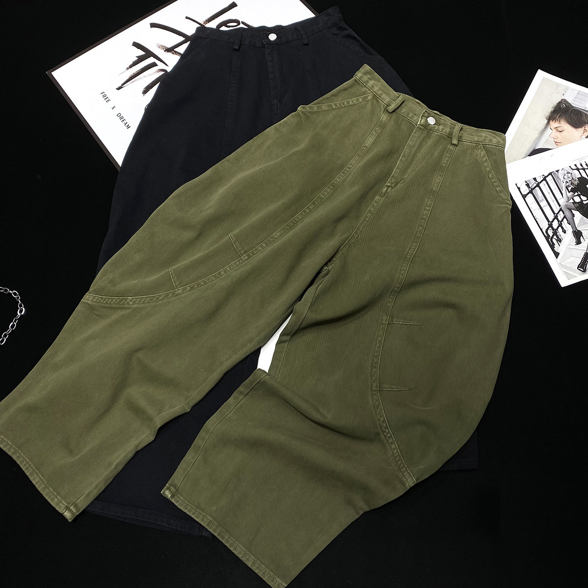 CCA自制绿色镰刀高腰牛仔裤设计师款拖地弯刀阔腿裤拼接工装裤女