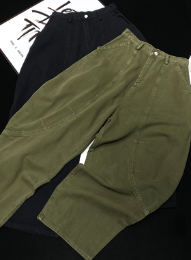 CCA自制绿色镰刀高腰牛仔裤设计师款拖地弯刀阔腿裤拼接工装裤女