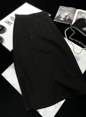 CCA通勤黑色空气层运动半身长裙抽绳松紧腰卫裙空气棉A字裙半身裙