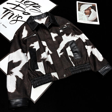 CCA自制美式街头风设计感奶牛花纹PU皮拼接翻领短款夹克收腰外套