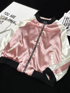 CCA国风樱花重工刺绣拼色缎面棒球服仿绸缎双面穿亮面夹克外套女