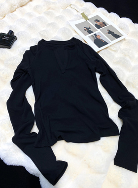 CCA自制小众设计师款小V领十二分袖T恤修身显瘦辣妹黑色长袖体恤