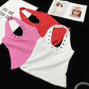 背心女 露脐超辣工装 CCA自制辣妹多巴胺色气眼镂空挂脖吊带衫 短款