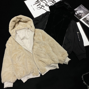 CCA自制仿皮草两面穿连帽加厚棒球服oversize双面毛绒夹克外套女