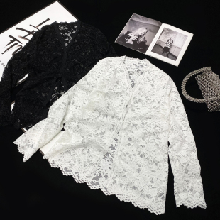 女 V领防晒衫 CCA自制小众设计感纯欲风辣妹外搭蕾丝镂空开衫 中长款