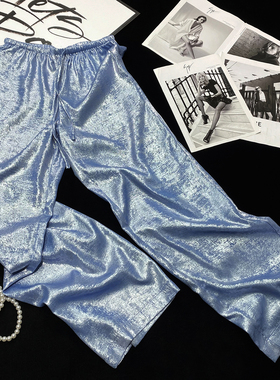 CCA自制高街大牌风蓝色金属光泽阔腿裤轻薄宽松亮面光泽拖地长裤