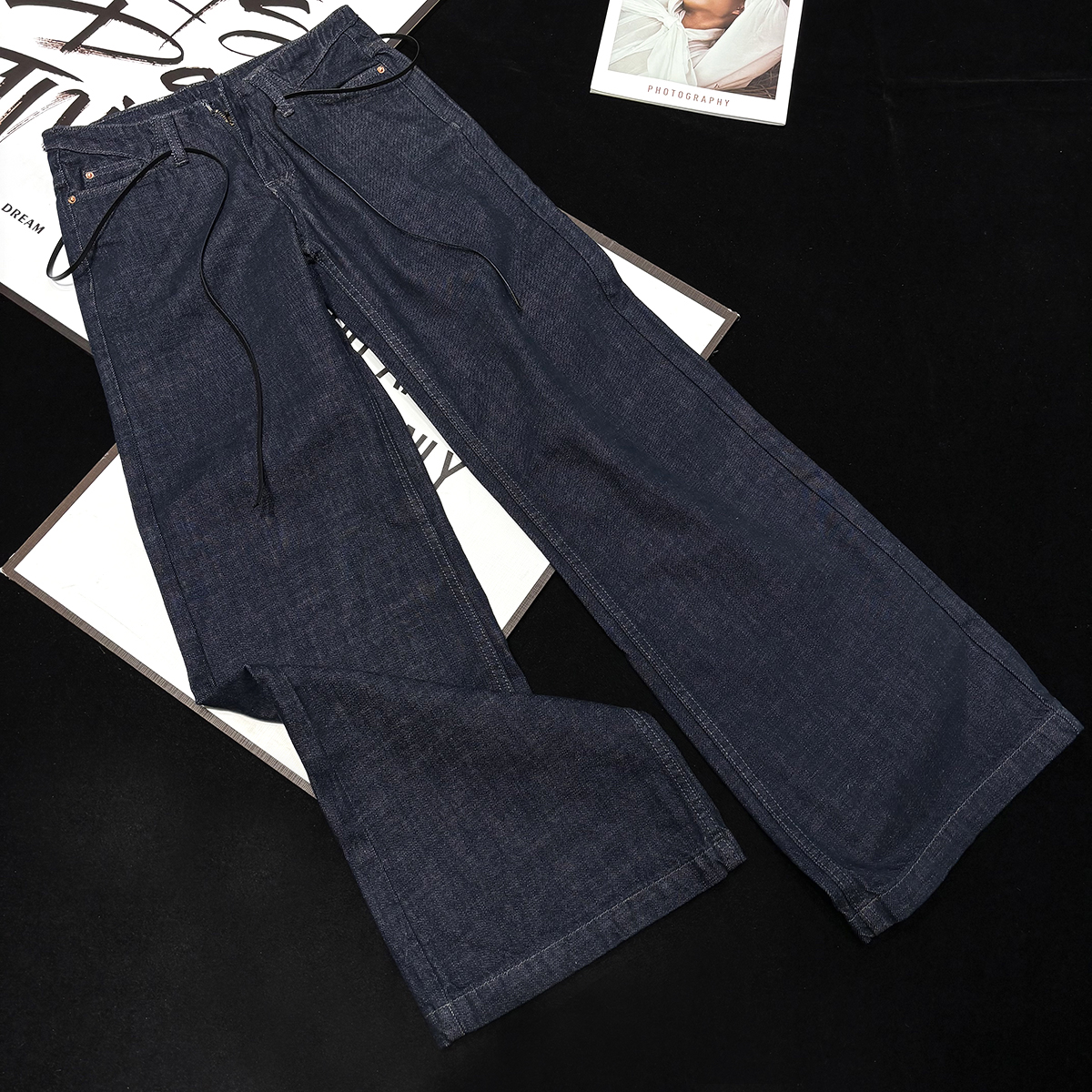 CCA自制高街大牌风辣妹腰带低腰牛仔裤直筒拖地深蓝色休闲裤女潮