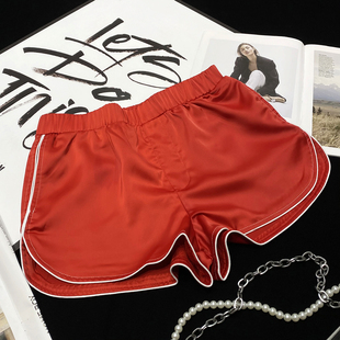 CCA自制美式辣妹风白边醋酸缎面短裤运动风仿绸缎亮面红色热裤女